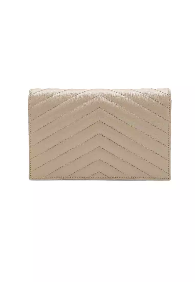 YSL Matelasse Envelope Chain Wallet In Grain De Poudre Embossed Leather Dark Beige/Gold 742920BOW01