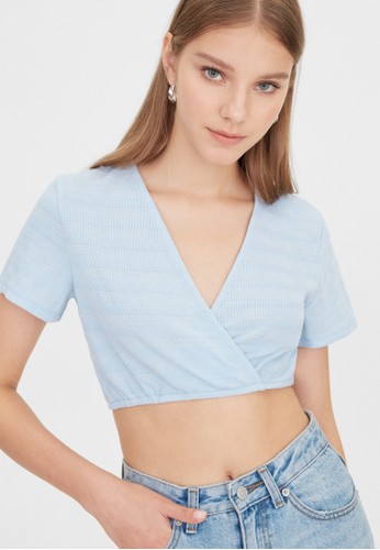 Jual Pomelo V Neck Ribbed Crop Top Blue Original Zalora Indonesia