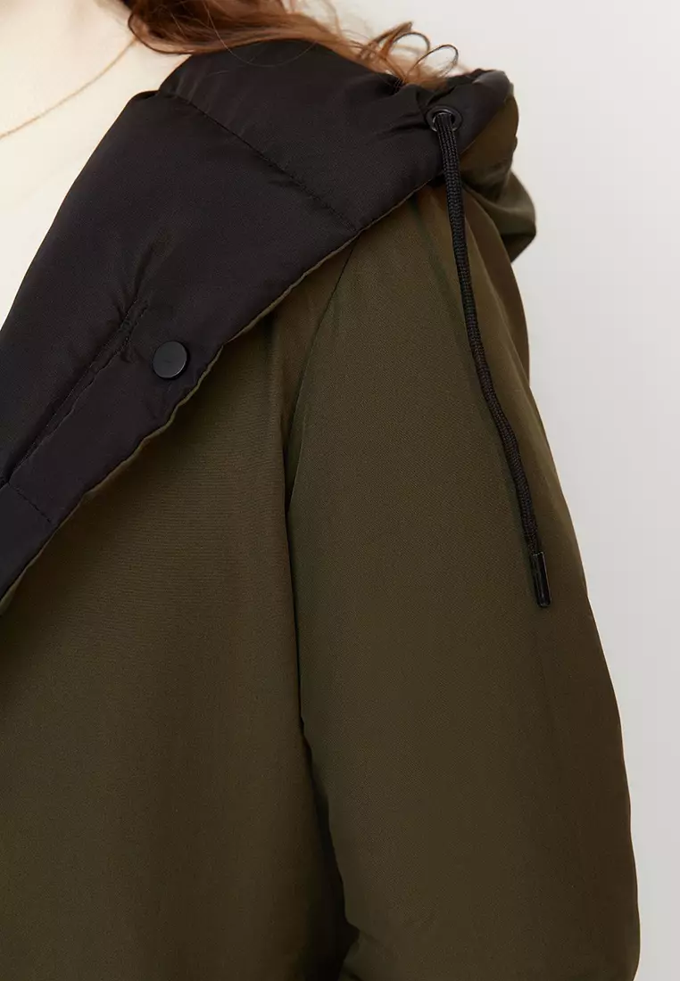 Black-Khaki Double Sided Hooded Water Repellent Long Puffer Jacket TWOAW23MO00052