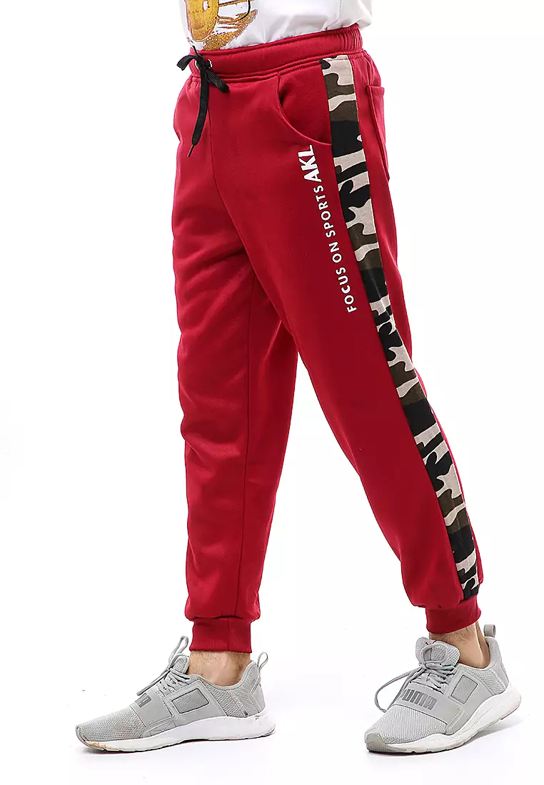 Locko Long Pants Celana Jogger Pria Kombinasi List Army Material Fleece ORIGINAL - Maroon