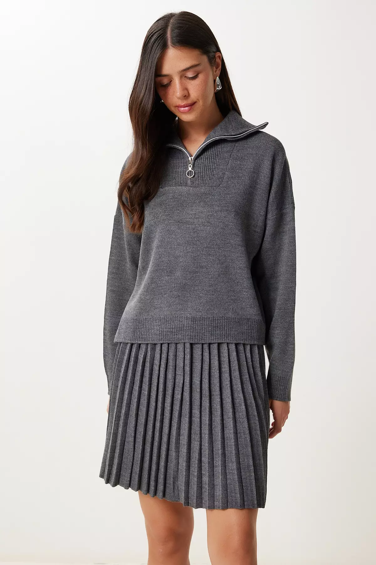 Women'S Gray Knitwear Sweater Skirt Set Pf00113