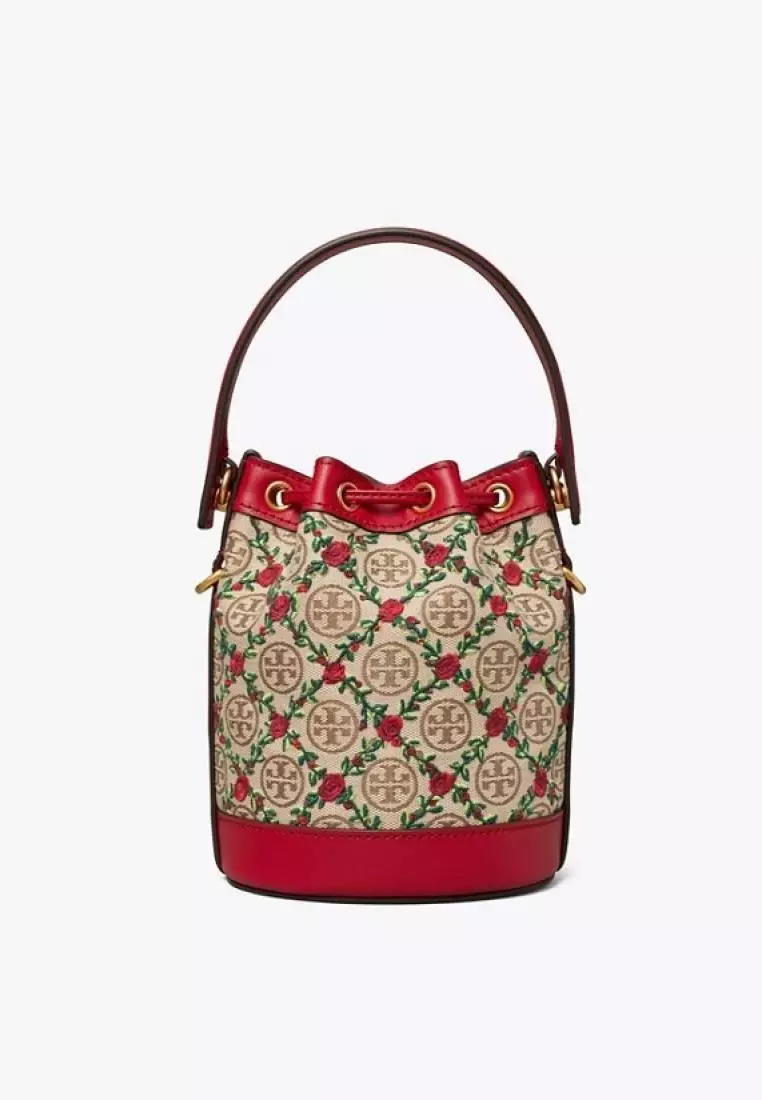 Tory Burch T Monogram Embroidered Mini Bucket Bag Hazelnut
