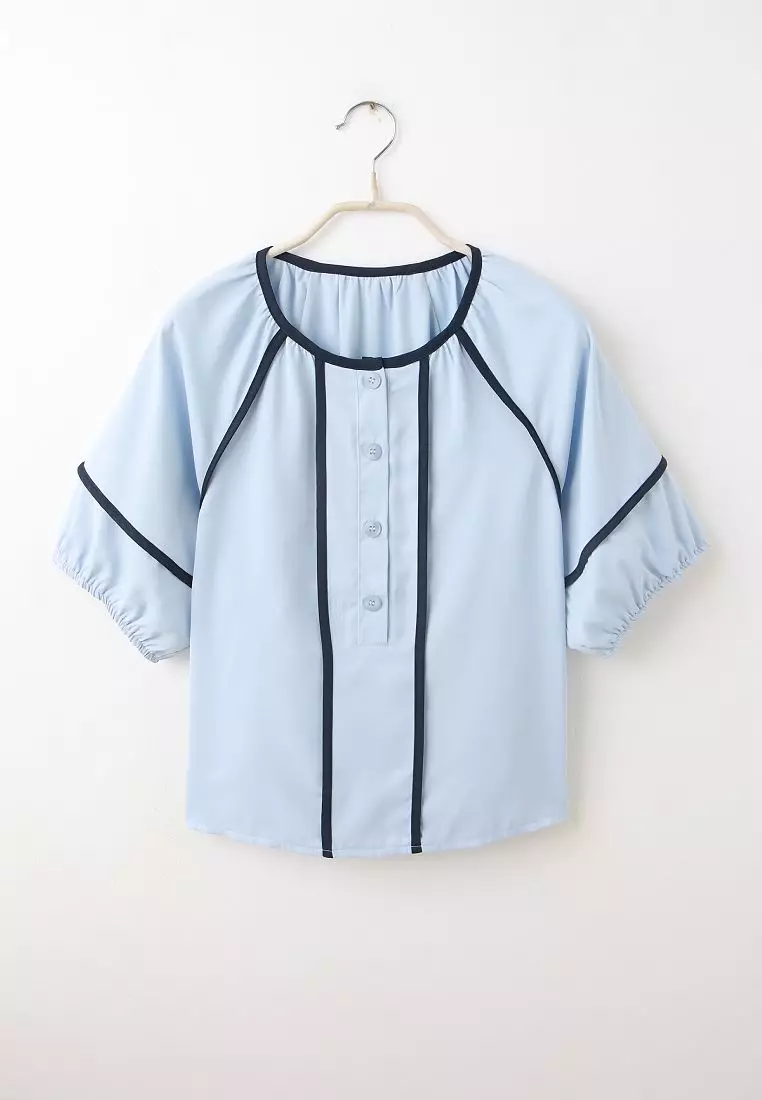 Round Neck Colorblock Trim Half-Placket Lantern Sleeve Top [AB20353]