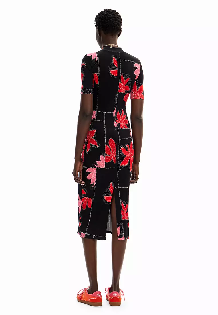 Desigual Woman Ribbed floral midi dress.