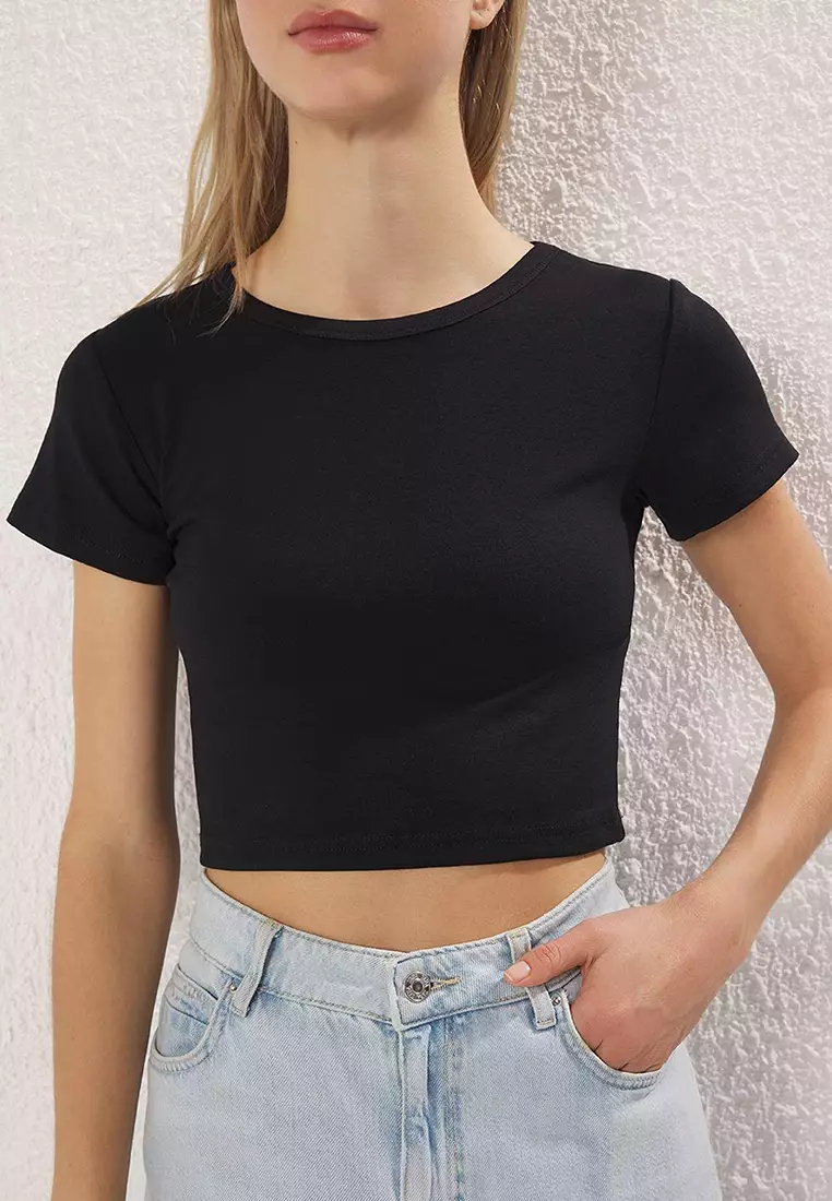 Premium Light Yellow-Black 2'Li Package Crop Soft Fabric Stretchy Knitted Blouse Twoss23Bz00108