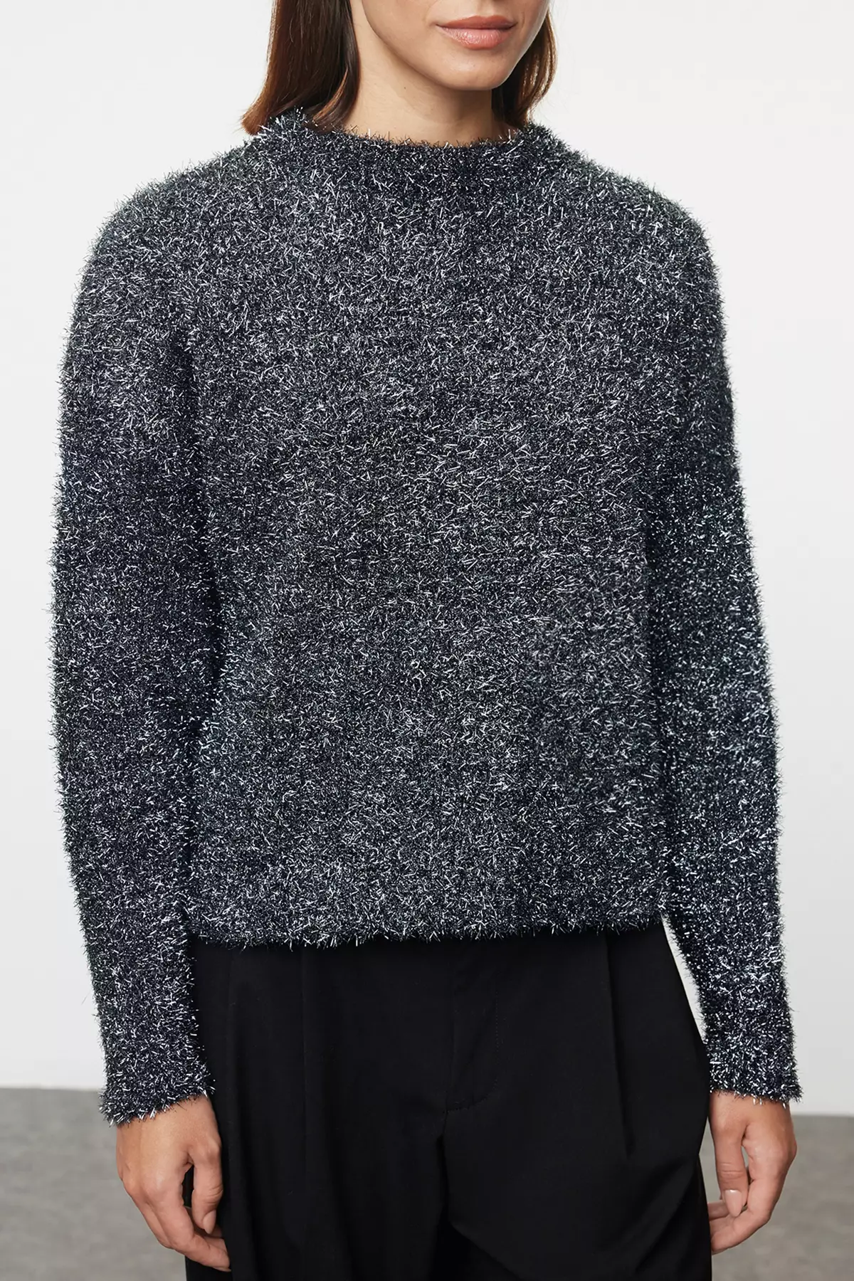 New Year's Themed Anthracite Glitter Knitwear Sweater