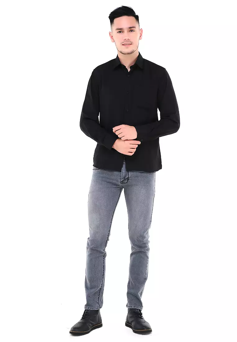 Dwan Atasan Kemeja Pria Formal Casual Longsleeve Plain Shirt Material Cotton ORIGINAL - Black