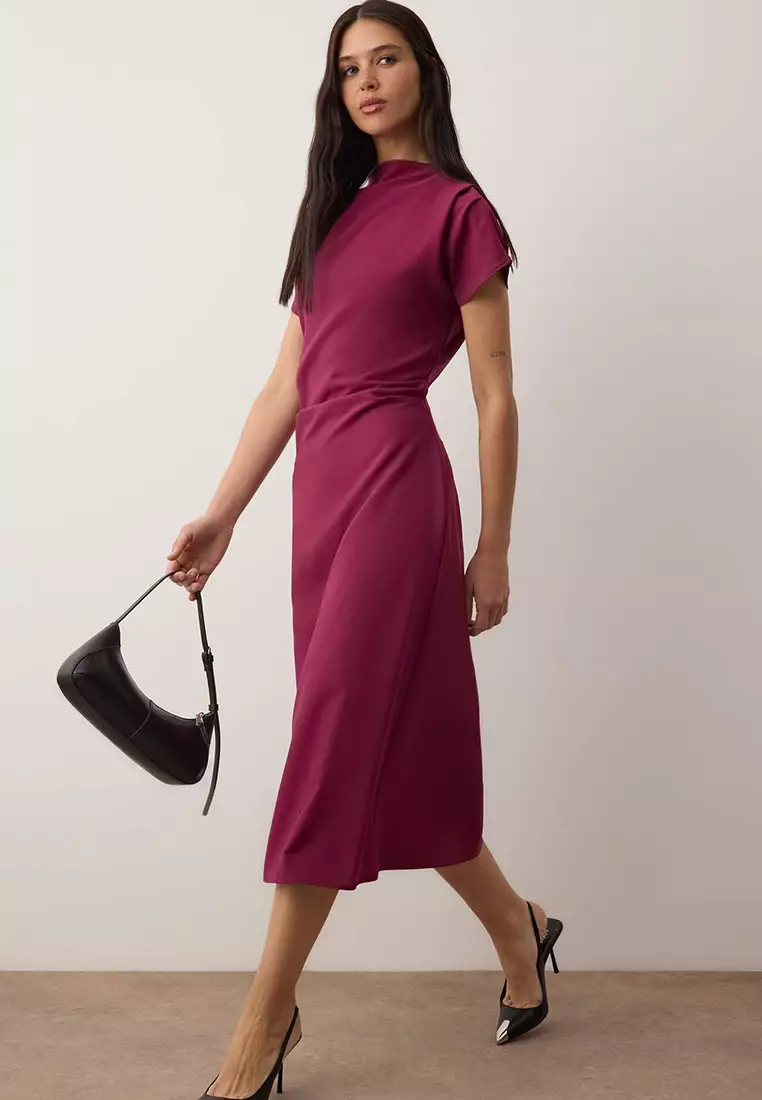 Dark Purple Straight A-Line Shirring / Drape Midi Woven Dress Twoaw25El393