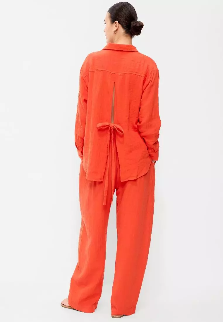 High-Waisted Crinkle Gauze Wide-Leg Barrel Pants