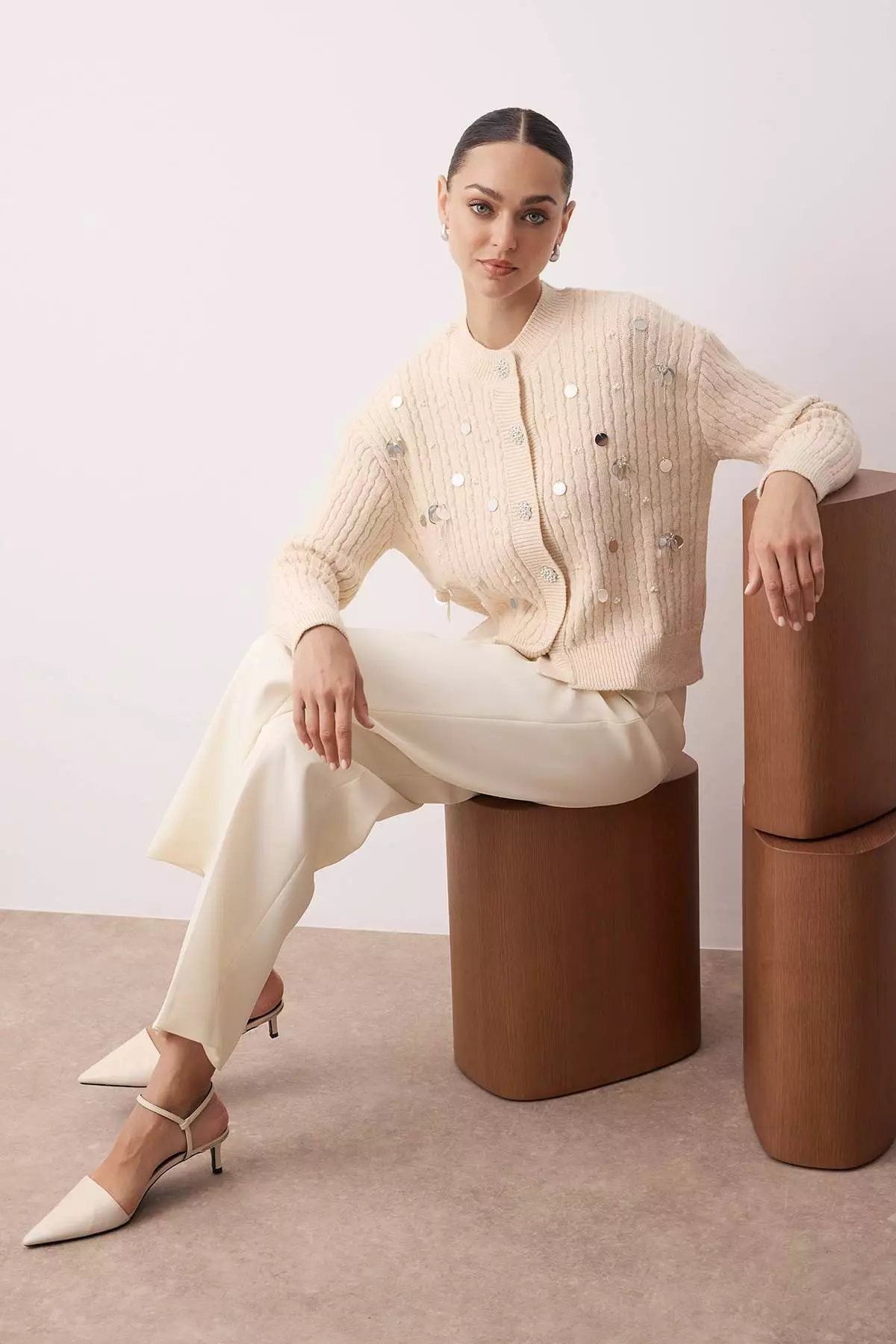 Stone Sequined Mother Of Pearl Button Soft Textured Knitwear Cardigan