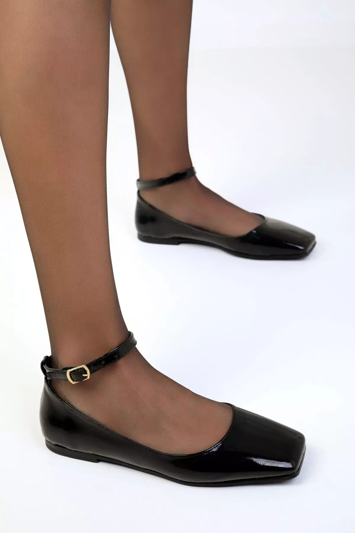 Faux Patent Leather Ankle Strap Flats