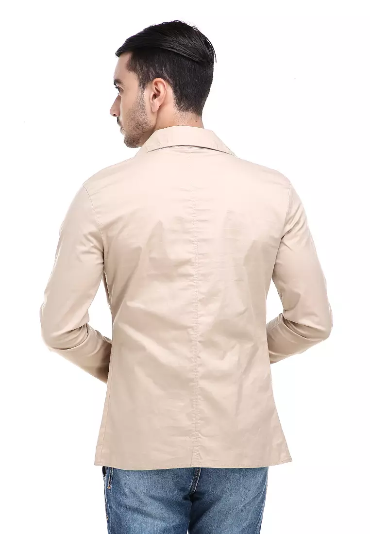 Woreq Blazer Pria Pockets Two Tone Formal Material Cotton Stretch ORIGINAL - Cream