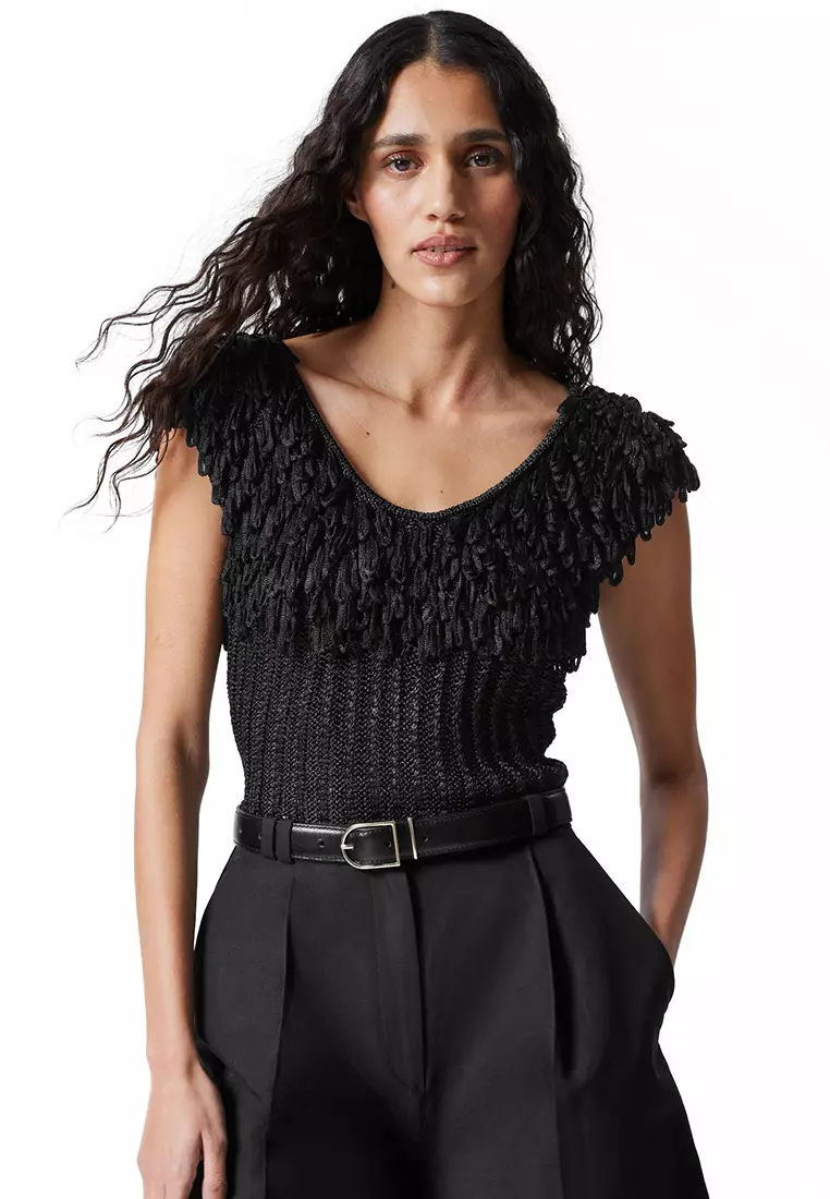 Fringed Rib-Knit Top