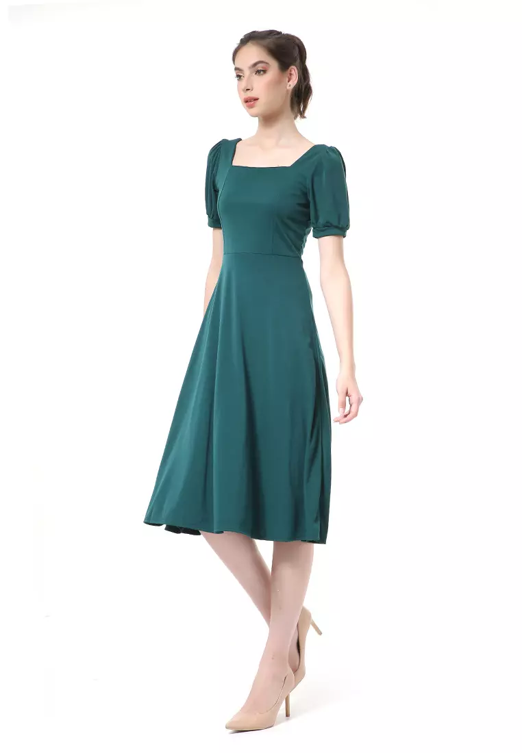 Rachel Long Dress Wanita Lengan Pendek Motif Polos Material Cotton ORIGINAL - Green