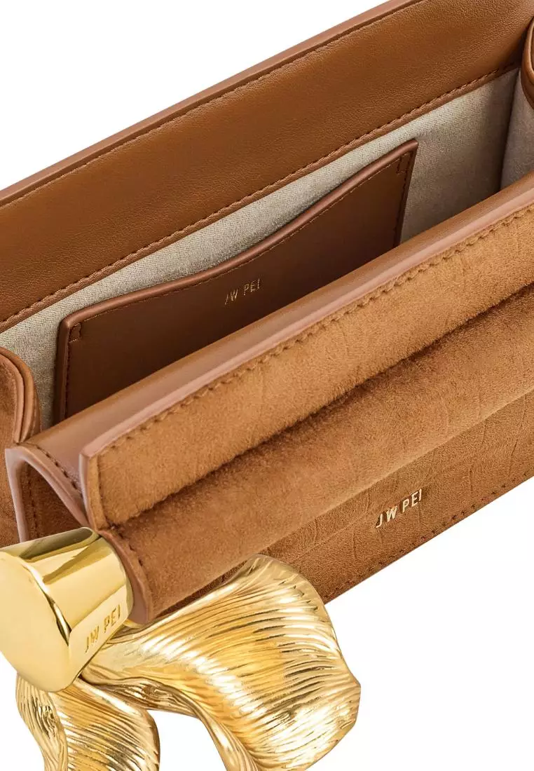 Holly Faux Suede Metal Pendant Embellished Clutch - Brown