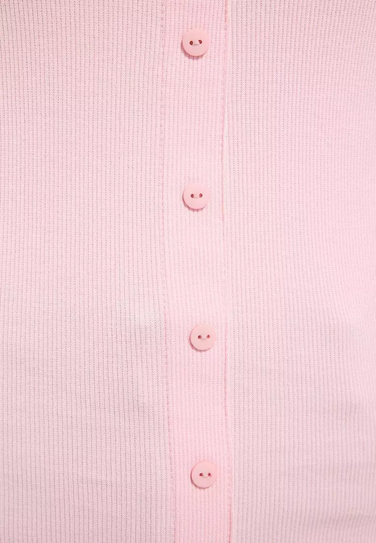 Pink Button Detailed Fitted Cord Knitted Large Size Blouse Tbbss25Af00060