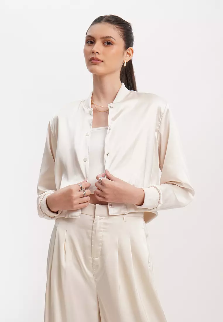 White best sale satin bomber