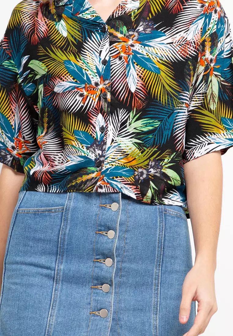 Nade Japan FT051 Kemeja Wanita Casual Motif Tropical Hijau Merah