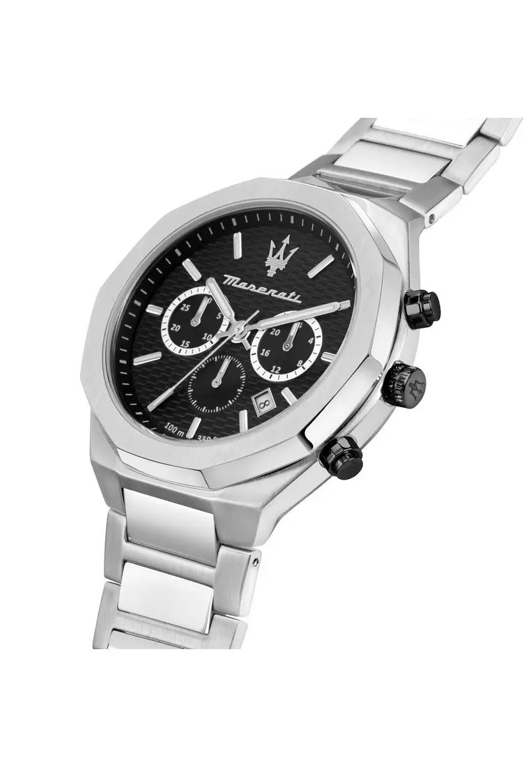【2 Years Warranty】Maserati Stile 45mm Black Dial Men's Stainless Steel Chronograph Quartz Watch R8873642004 With Luminous Dial Hands