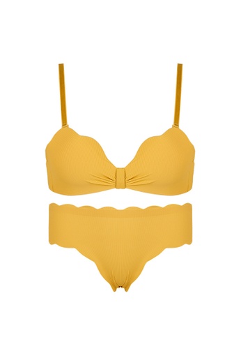 ZITIQUE yellow Women's Sexy-Ribbon No Steel Ring Uplift Lingerie Set (Bra And Underwear) - Yellow A0C8BUSB80C5EFGS_1