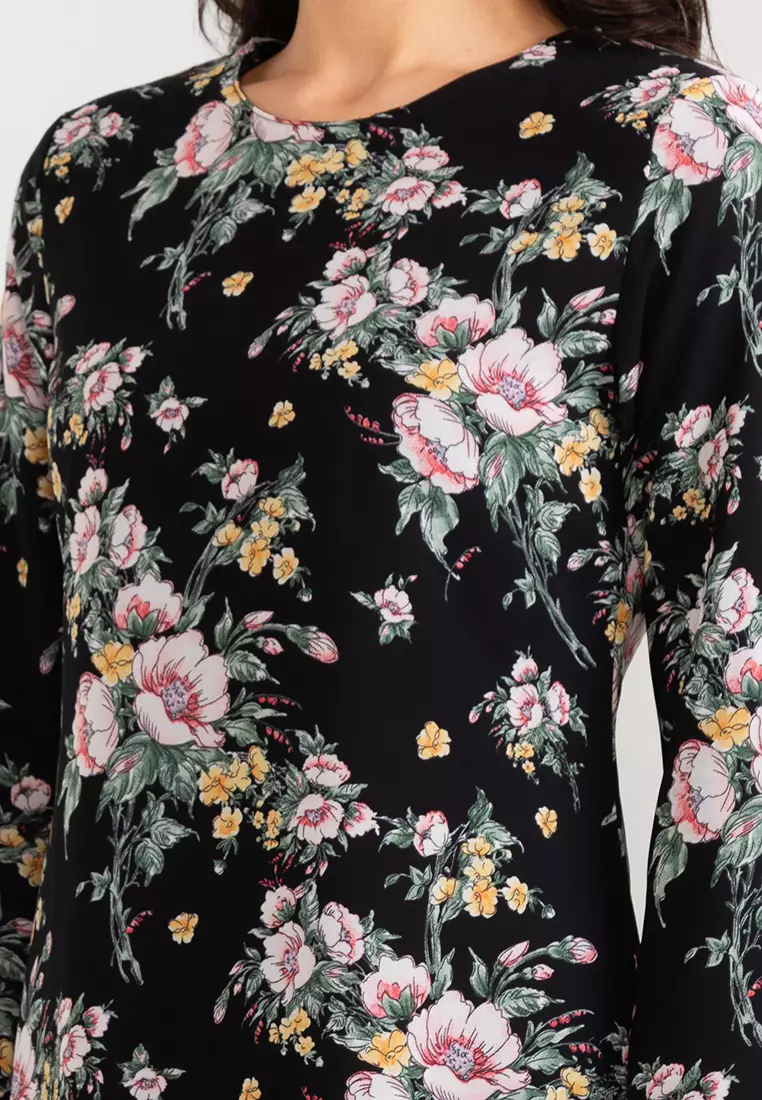 Full Bloom Floral Baju Kurung Moden Chiffon in Black