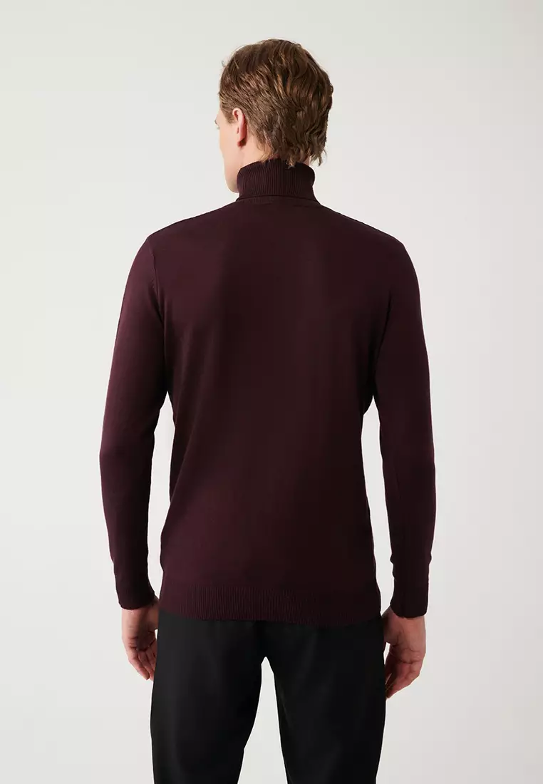 Men's Burgundy Turtleneck Cotton Patterned Knitwear Sweater A32Y5198
