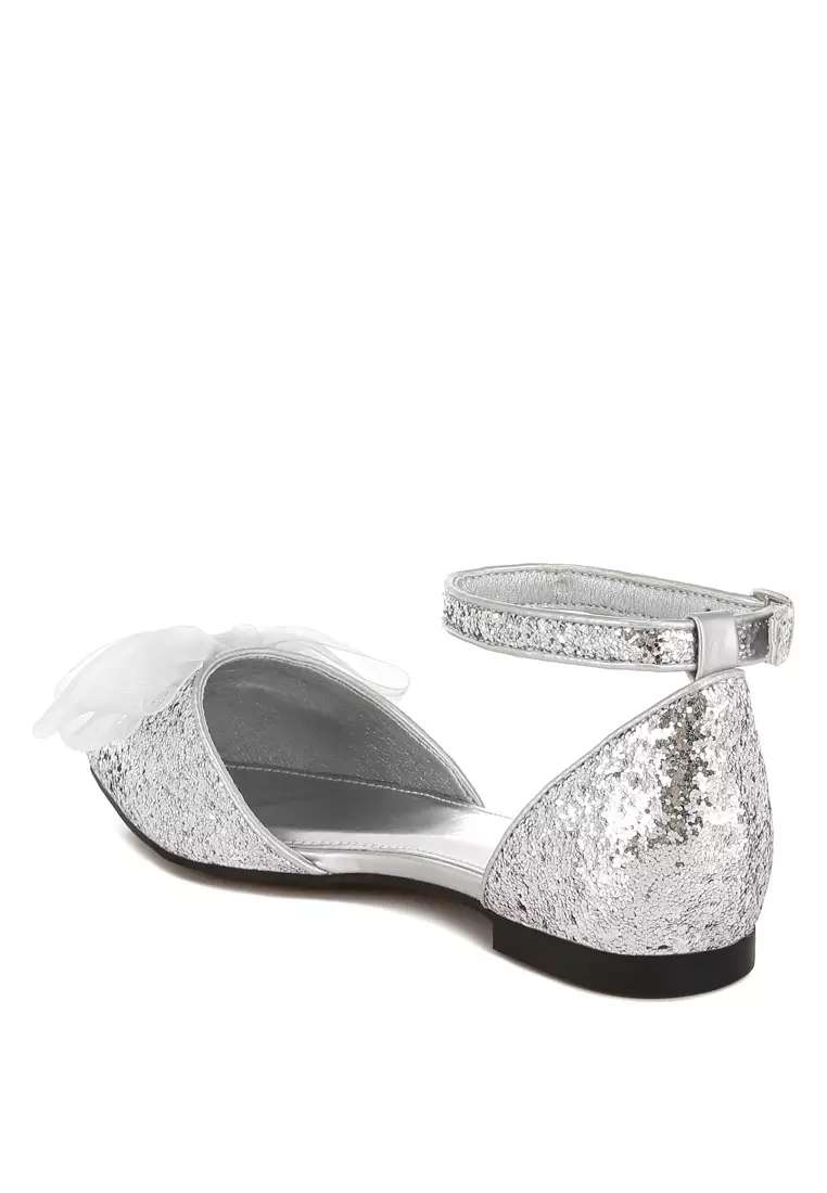 Sheer Bow Detail Glitter Flat Sandals in Silver