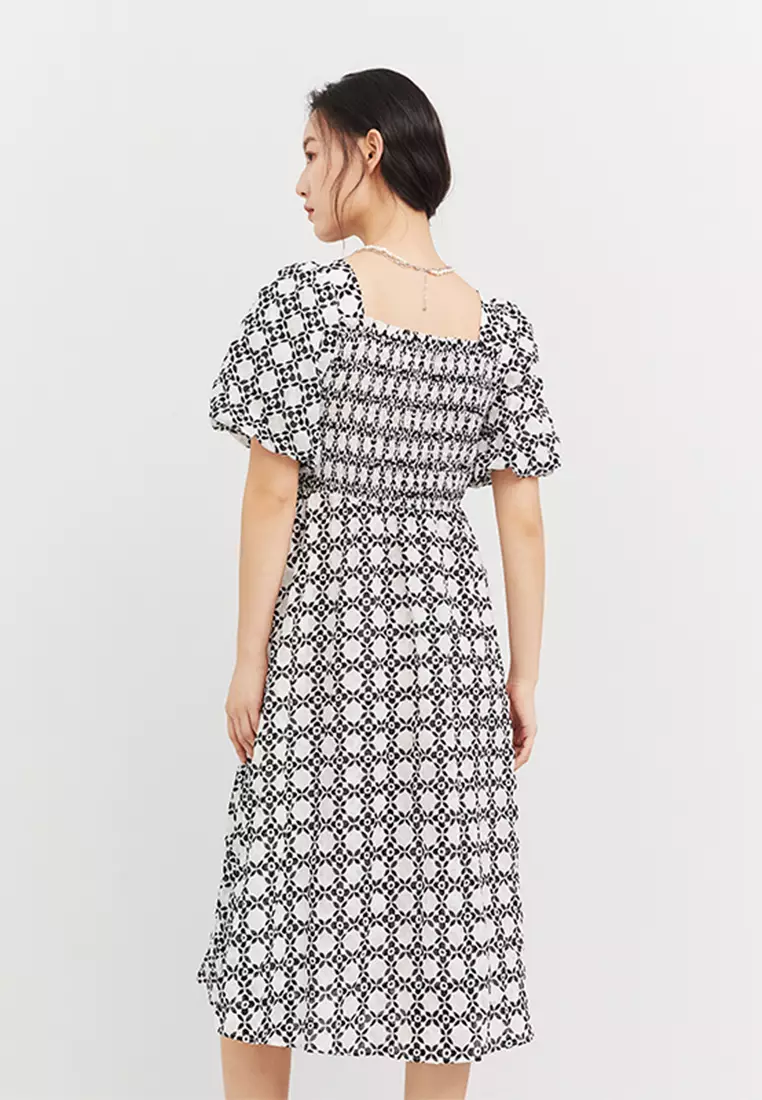 Puff Sleeve Square Neck Plaid Midi Dress