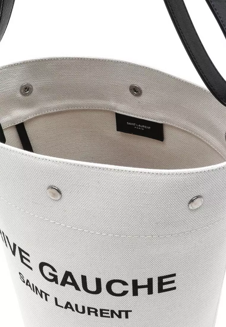 Saint Laurent Rive Gauche Medium White And Gray Linen Tote Bag New
