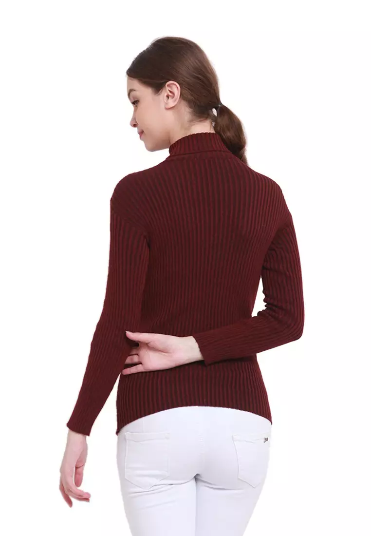 Misel Sweater Rajut Turtle Neck Long Sleeves Atasan Ribbed Wanita - Maroon