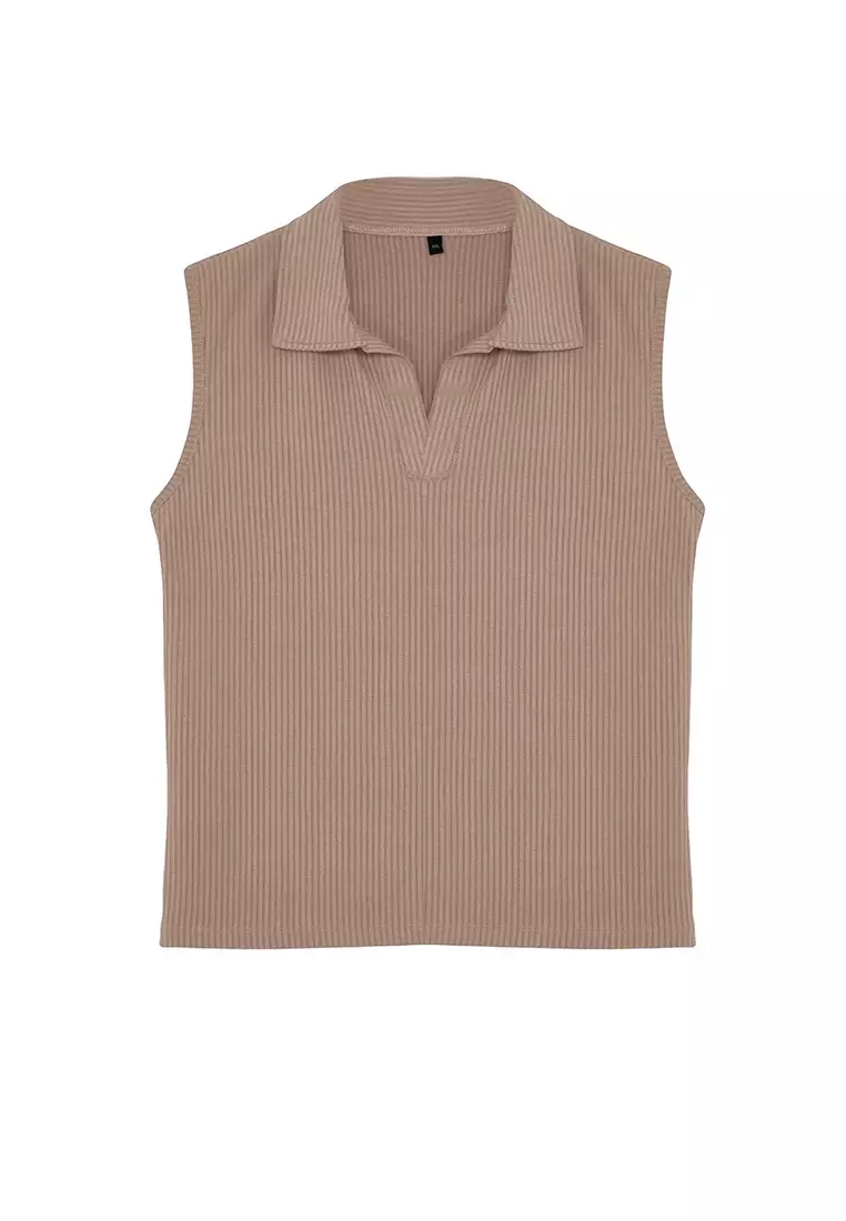 Beige Fitted/Fits the Body Polo Collar Flexible Knitted Plus Size Blouse TBBSS24AF00065