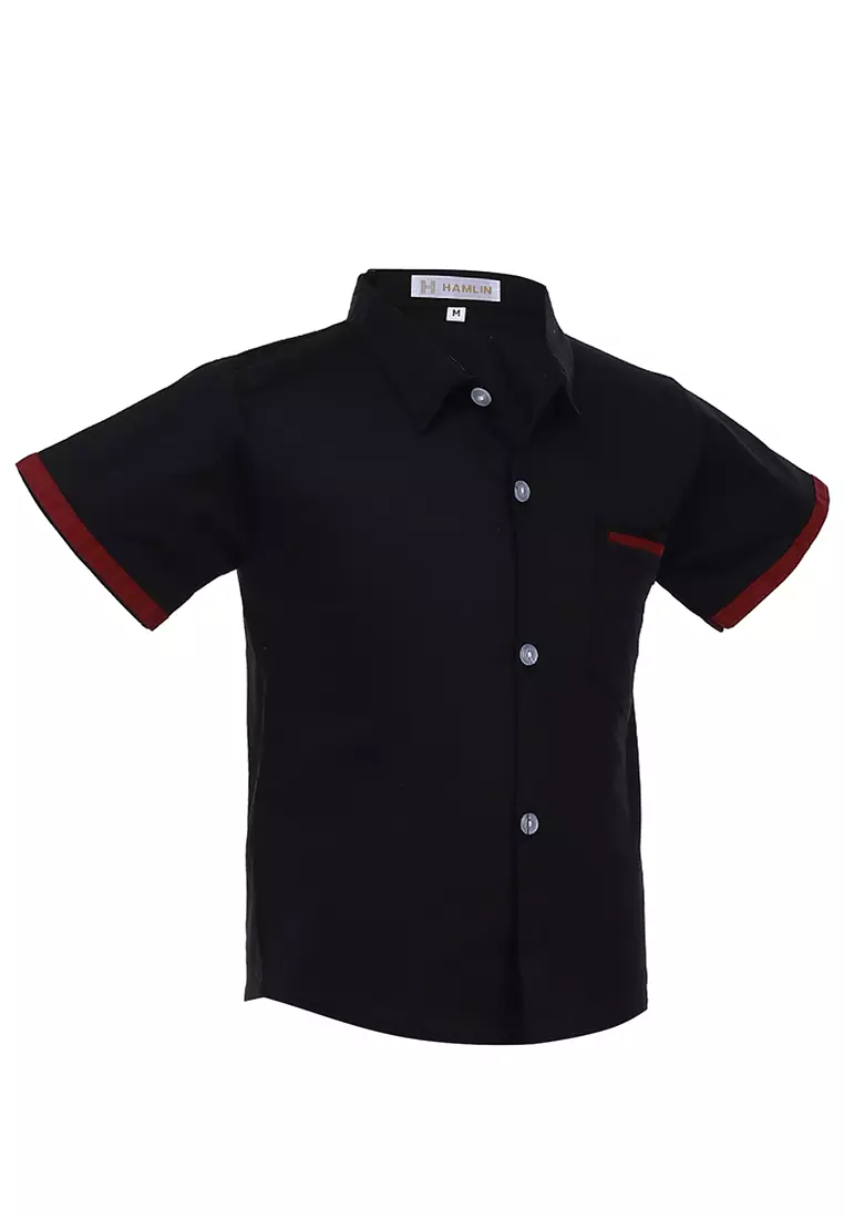 Juste Kemeja Formal Anak Laki-laki Motif Polos Kids Shirt Short Sleeve Material Cotton ORIGINAL - Black