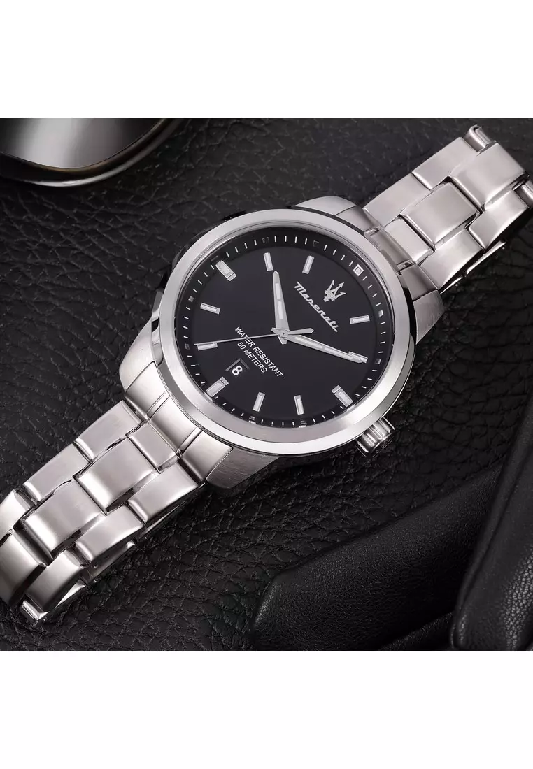 【2 Years Warranty】Maserati Successo 44mm Black Dial Silver Stainless Steel Men's Quartz Watch R8853121006 With Luminous Dial Hands