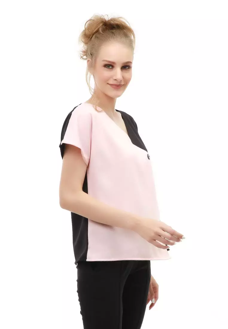 Cheva Blouse Atasan Wanita Kasual Model Asimetris Kombinasi 2 Warna Material Moscrepe ORIGINAL - Peach