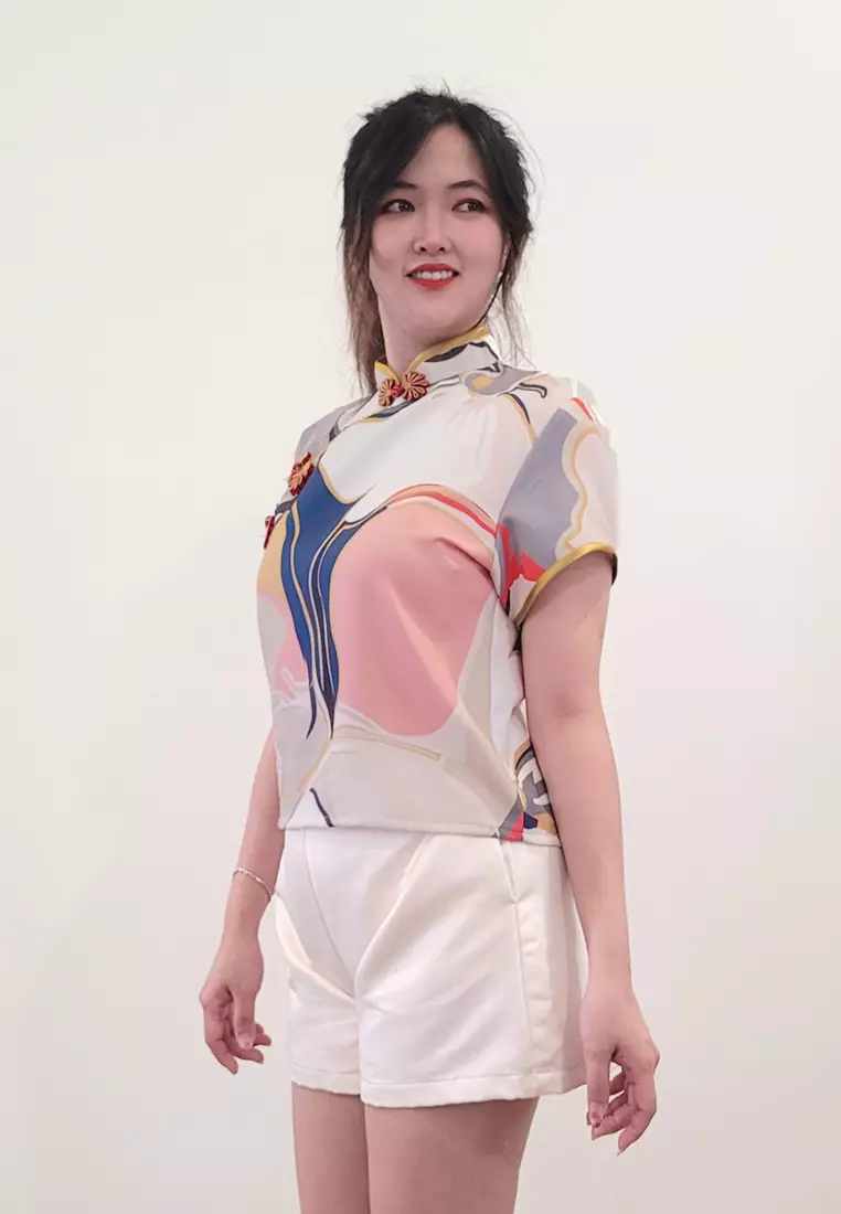Ivory Cheongsam Cap Sleeves Top Red White Printed Batik