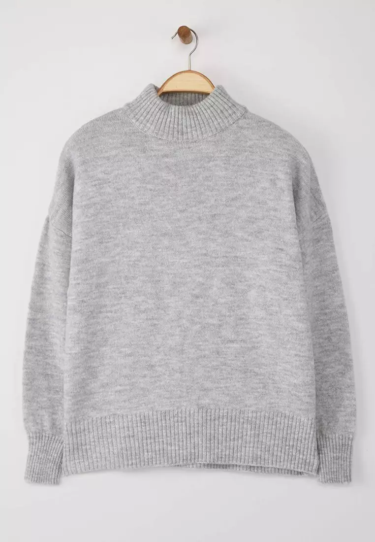 Light Gray Wide Fit Soft Textured Stand Collar Knitwear Sweater
