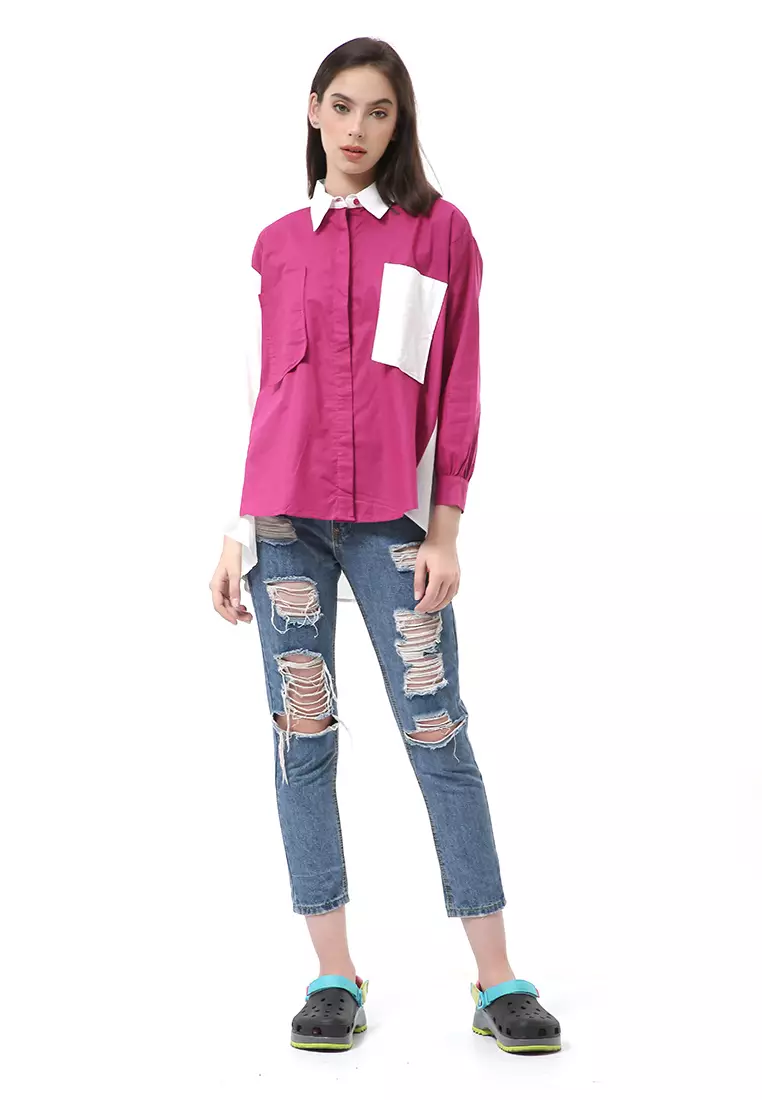 Brielle Atasan Wanita Kemeja Lengan Panjang Model Dua Warna Shirt Two Tone Material Cotton ORIGINAL - Fuschia White