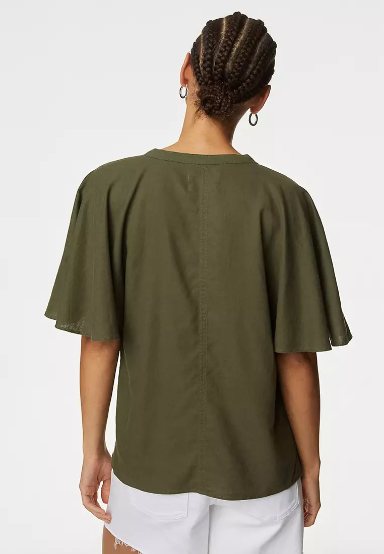 Linen Rich Tie Neck Angel Sleeve Blouse