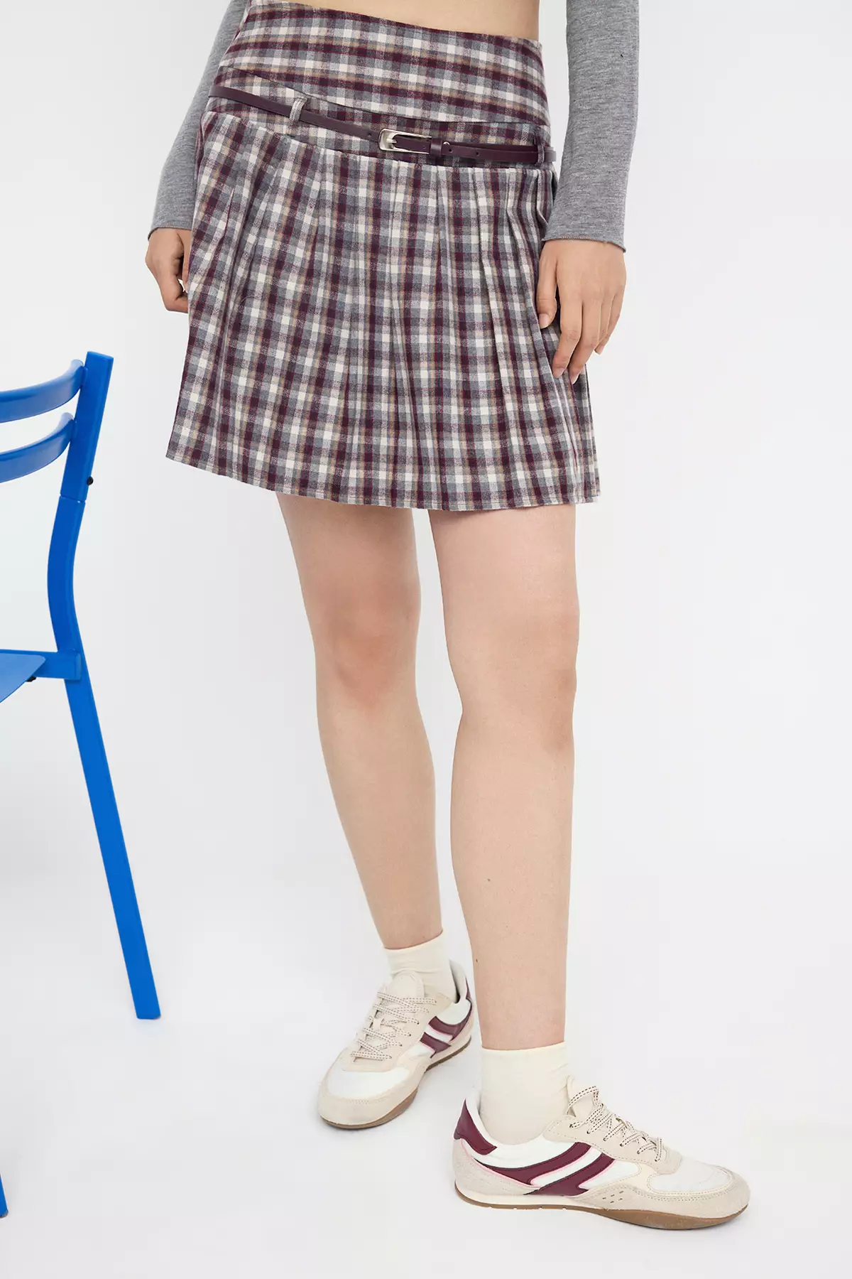 Teen Burgundy Belted Plaid/Checked Winter Mini Skirt Twoaw26Et00056