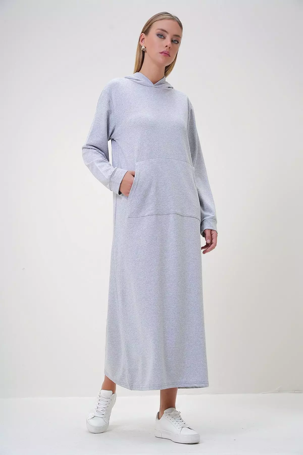 Women's Gray Hooded Kangru Pocket Double Yarn Maxi Dress