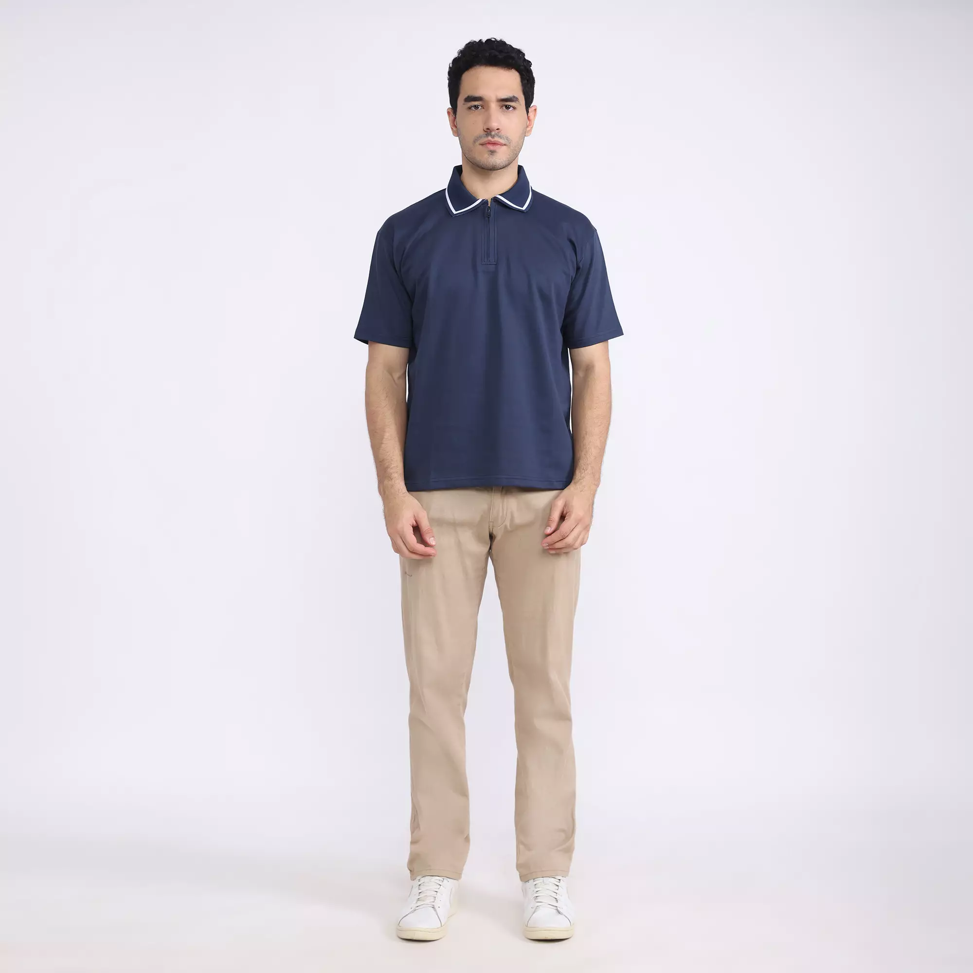 LARUSSO Resort Collection - White Strip Polo Zipped Top - Navy
