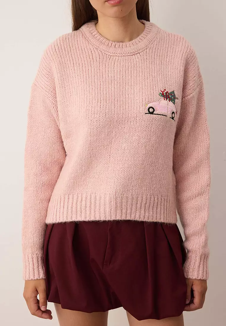 Pink New Year's Themed Soft Texture Crop/Short Knit Sweater Twoaw26Kz00174