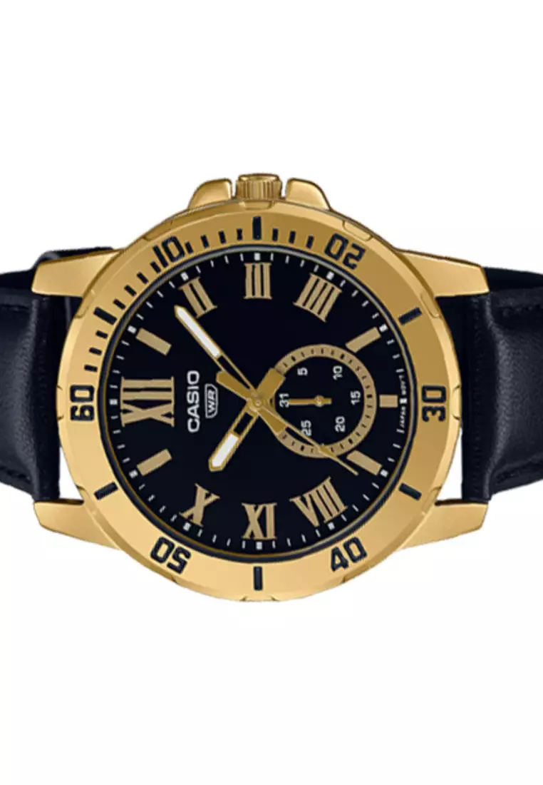 Men's Analog Watch MTP-VD200GL-1B Gold tone with Black Leather Band Watch for men
