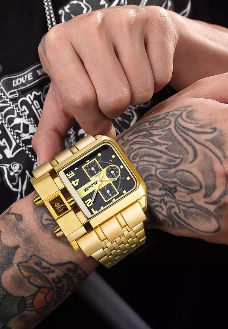 Very Large Men's Quartz Watch - 51x60mm - IP Gold Steel case, Black Dial, IP Gold Bracelet