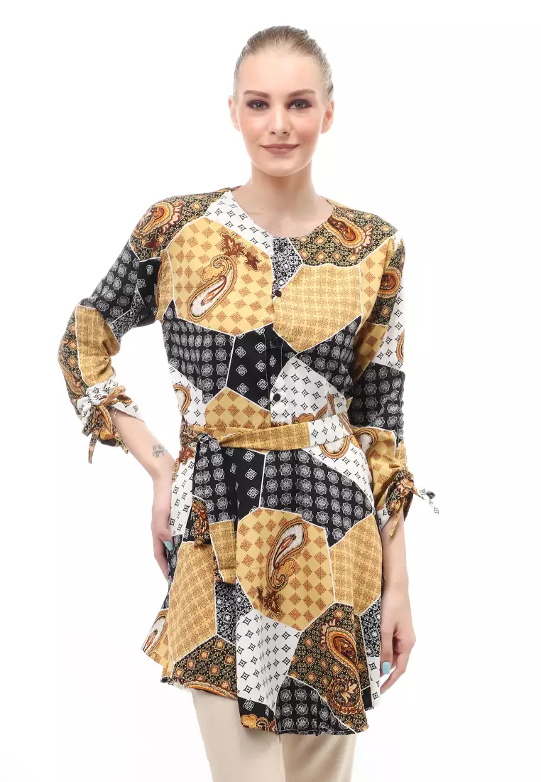 Tunik Lengan Serut Motif Batik Atasan Wanita Self Tie Belt Design Casual - Hitam