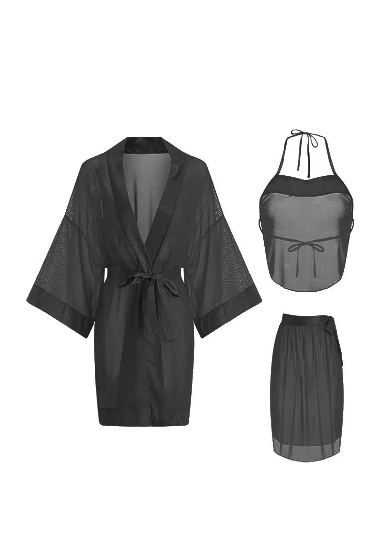 LDZ5063 Lady Sexy Lace Sleepwear Three Pieces Set  Black