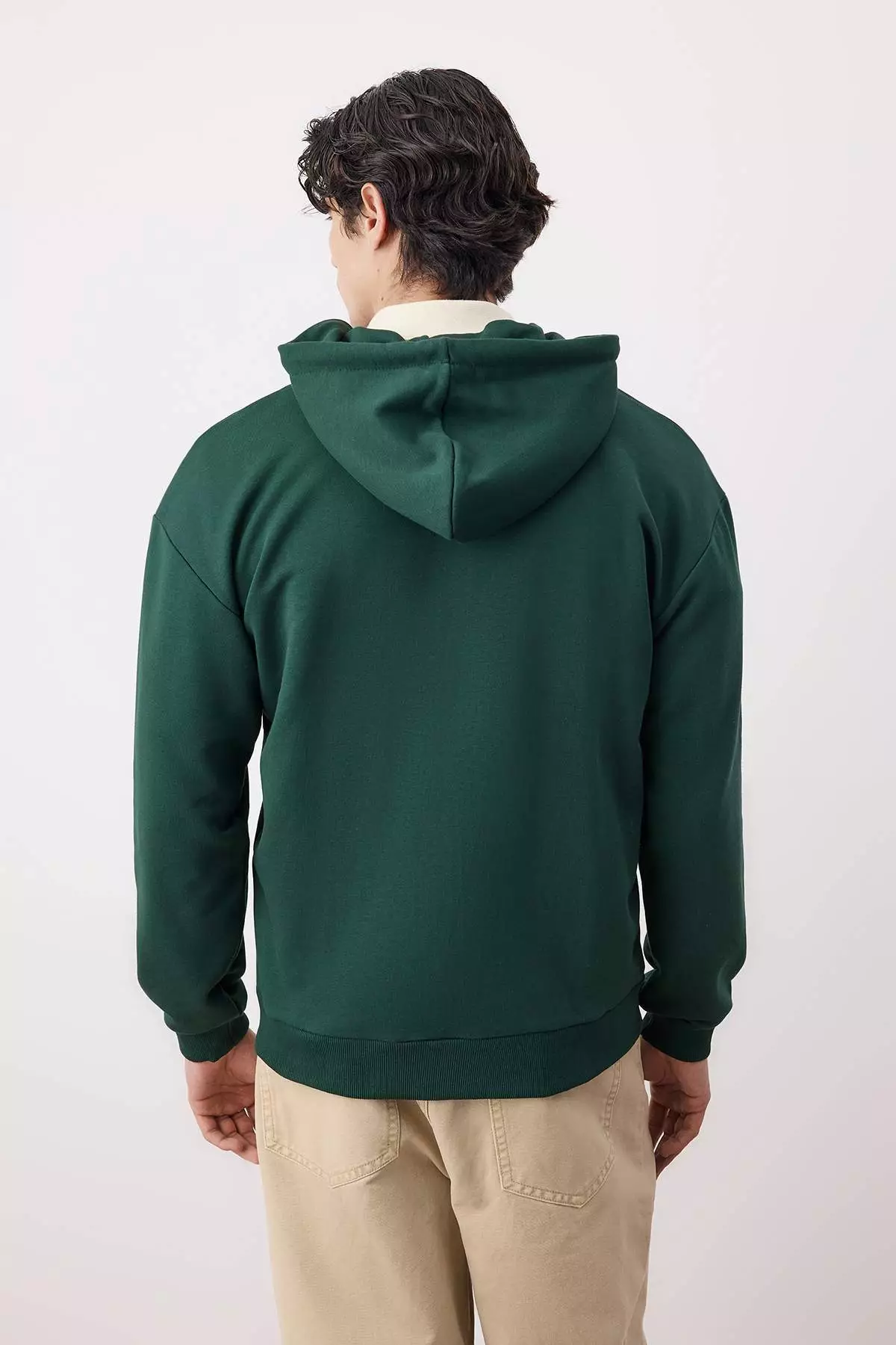 Dark Green Oversize/Wide Cut Zippered Basic Non-Raising Sweatshirt-Cardigan