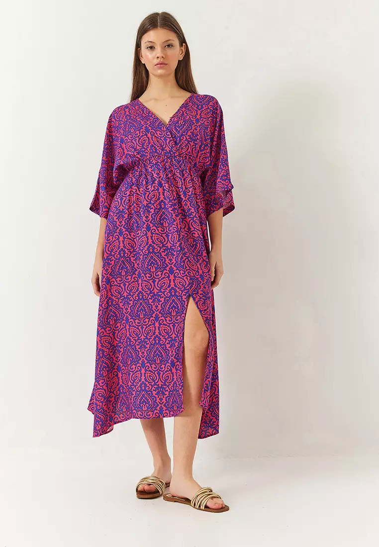 Women's Double Breasted V Neck Front Slit Detail Print Dress 60261411