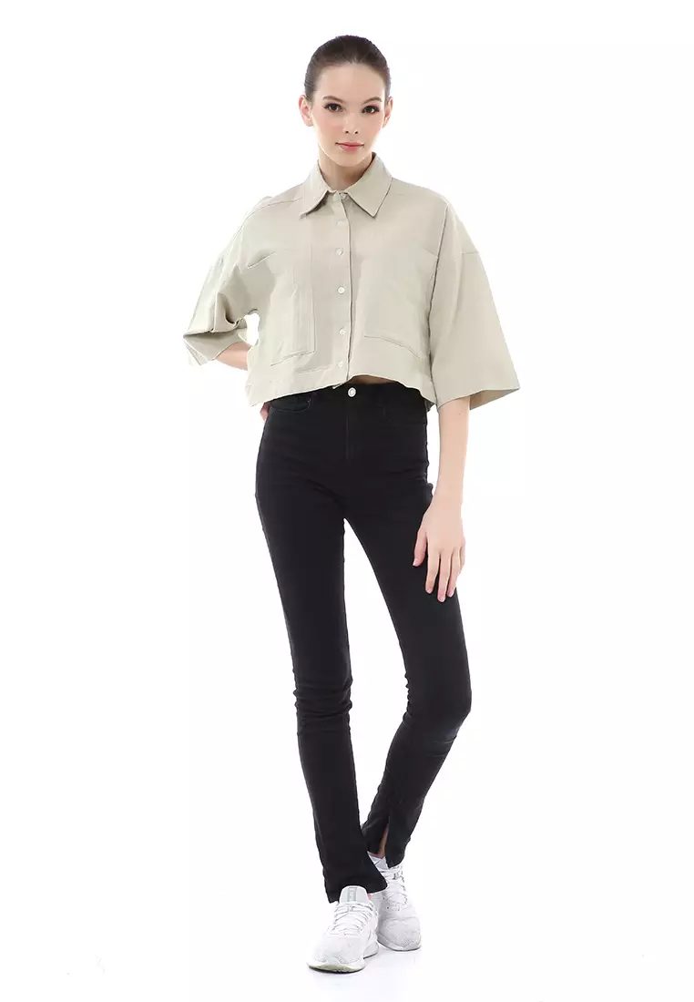 Brielle Atasan Wanita Kemeja Crop Oversize Shirt Lengan Panjang Material Linen ORIGINAL - Sage