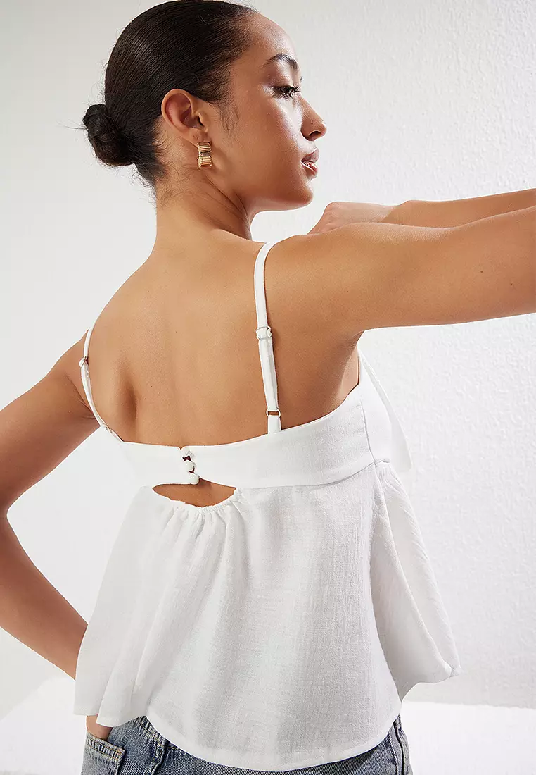 White Linen Look Bow Detail Woven Blouse With Straps